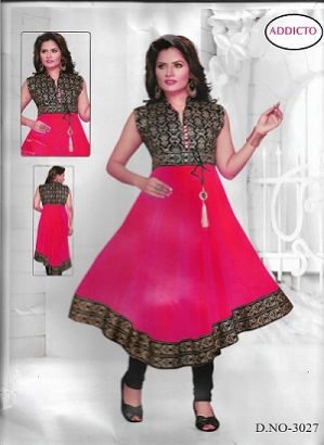 Fashionable Black & Dark Pink Anarkali Kurti (XL)