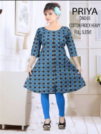 Blue Cotton Frock Full Sleeve Kurti (XL)