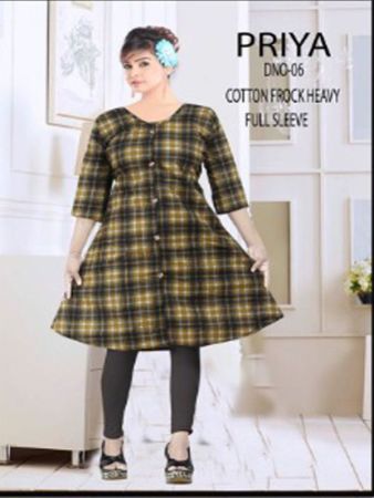 Black with Yellow Cotton Frock Full Sleeve Kurti (XL)